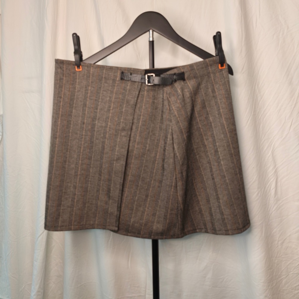 Max Studio London Herringbone Pinstripe Faux Wrap Mini Skirt XL Brown Buckle NEW